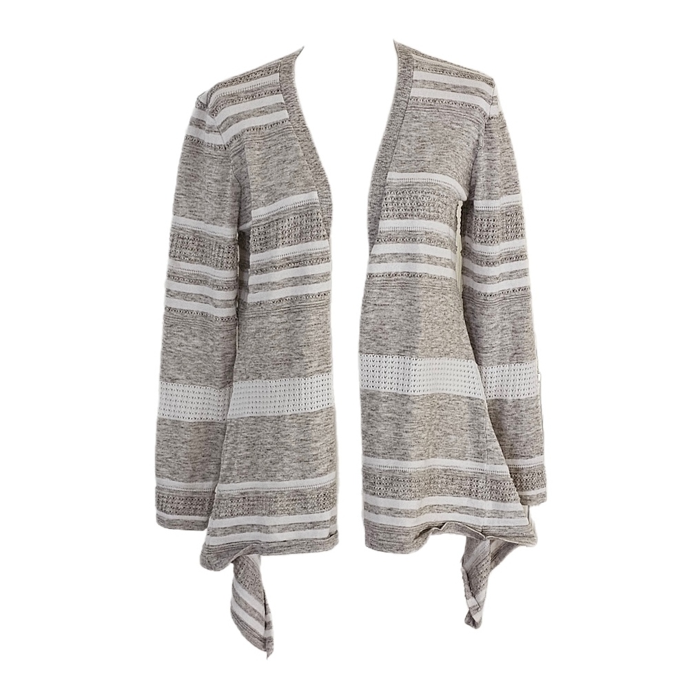 Peyton Primrose Taupe White Striped Open Front Asymmetric Hem Cardigan Sz M